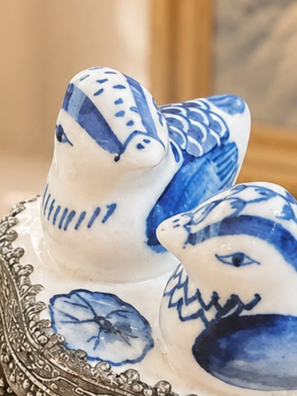 Vintage Blue & White Chinese Silver Plated Trinket Box With Hand-Painted Birds